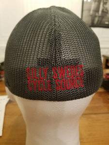 Silly Swedes Cycle Source Mesh fitted Hat- BLACK front GRAY mesh- Red writing on back